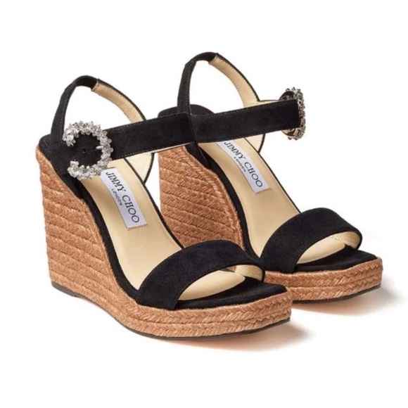 Jimmy Choo Crystal Embellished Buckle Espadrille Wedge Heels Shoes Black Leather - Picture 1 of 9
